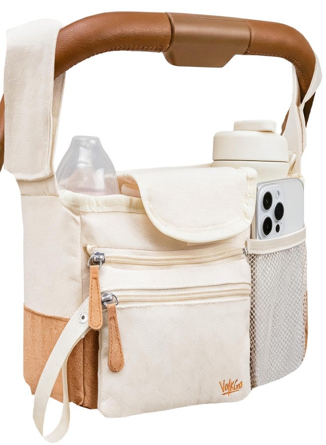 V VOLKGO Stroller Caddy with Cup Holder - Stroller Organizer Bag for Baby Travel Gear, Baby Bottle Organizer & Baby Diaper Caddy | Insulated XL 40oz, Detachable Wristlet, Premium Canvas & Natural Cork - Image 1