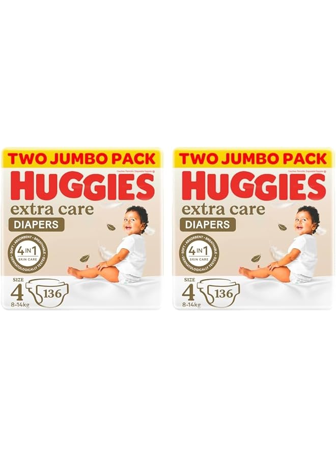 HUGGIES Extra Care Size 4 8 14 Kg Twin Jumbo Pack 136 Diapers (Pack Of 2) - Image 1