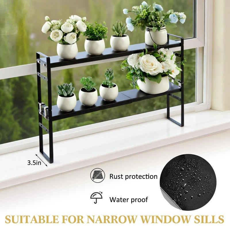 BrightRow 2 Pcs Expandable Window Sill Plant Shelf, 13.7 x 3.5 x 7.28 Inches, Stackable Narrow over The Sink Shelf, Adjustable Height Metal Window Sill Extender Shelves for Kitchen Bathroom (Black) - Image 4