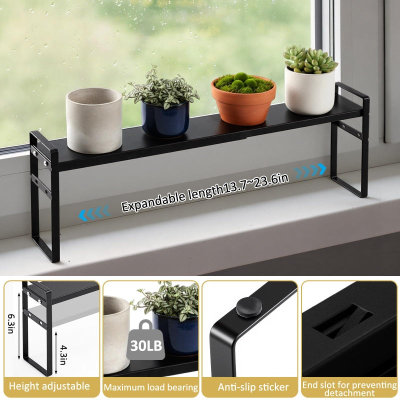 BrightRow 2 Pcs Expandable Window Sill Plant Shelf, 13.7 x 3.5 x 7.28 Inches, Stackable Narrow over The Sink Shelf, Adjustable Height Metal Window Sill Extender Shelves for Kitchen Bathroom (Black) - Image 3