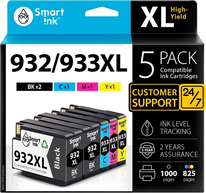 Smart Ink Compatible Ink Cartridge Replacement for HP 932XL 933XL 932 XL 933 (5 Pack Combo) to use with HP Officejet 6600 6100 6700 7510 7610 7612 7510 Printers (2 Black XL, Cyan, Magenta, Yellow) - Image 1