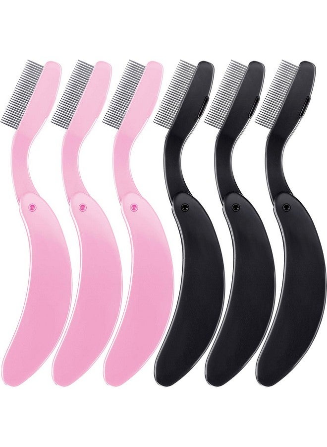 TecUnite مشط رموش قابل للطي مشط حواجب من الفولاذ المقاوم للصدأ فرشاة مكياج للرموش والحواجب (3 أسود و 3 وردي) - Image 1