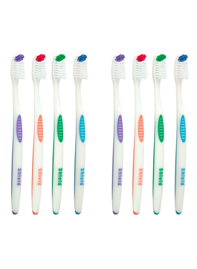 Shield Care فرشاة أسنان شيلد كير فالكون مع شعيرات منحنية، وصول عميق (رعاية عائلية - شعيرات متوسطة)، 4 ألوان - 8 قطع (عبوة من 1) - Image 1