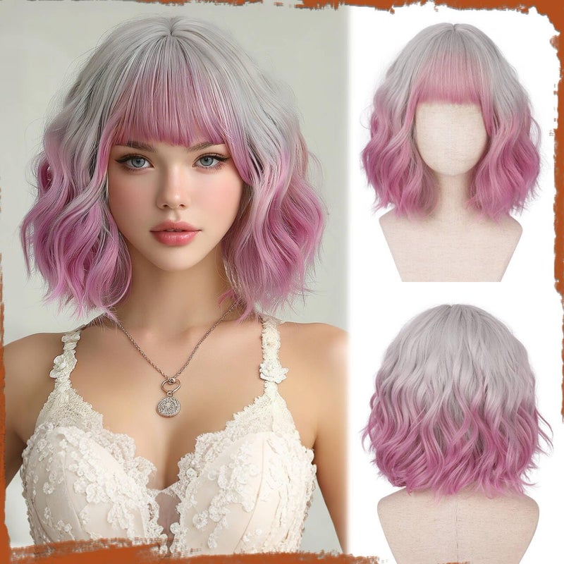 SOFEIYAN Short Wavy Pink Omber Wig - 12 Inch Bob Wig with Bangs for Women Curly Shoulder Length Bob Wig with Bangs Soft Synthetic Hair Wigs for Girls Daily Party Use - Image 1