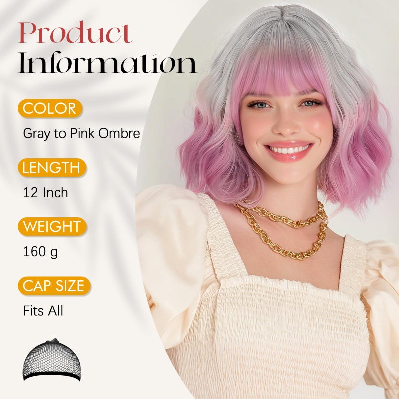 SOFEIYAN Short Wavy Pink Omber Wig - 12 Inch Bob Wig with Bangs for Women Curly Shoulder Length Bob Wig with Bangs Soft Synthetic Hair Wigs for Girls Daily Party Use - Image 2