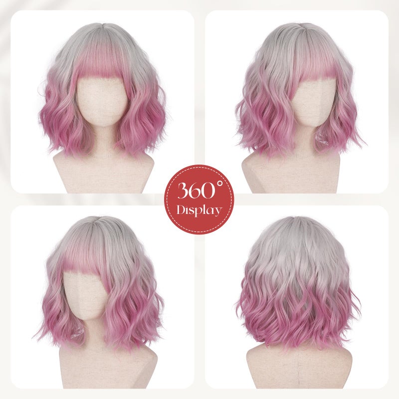 SOFEIYAN Short Wavy Pink Omber Wig - 12 Inch Bob Wig with Bangs for Women Curly Shoulder Length Bob Wig with Bangs Soft Synthetic Hair Wigs for Girls Daily Party Use - Image 4