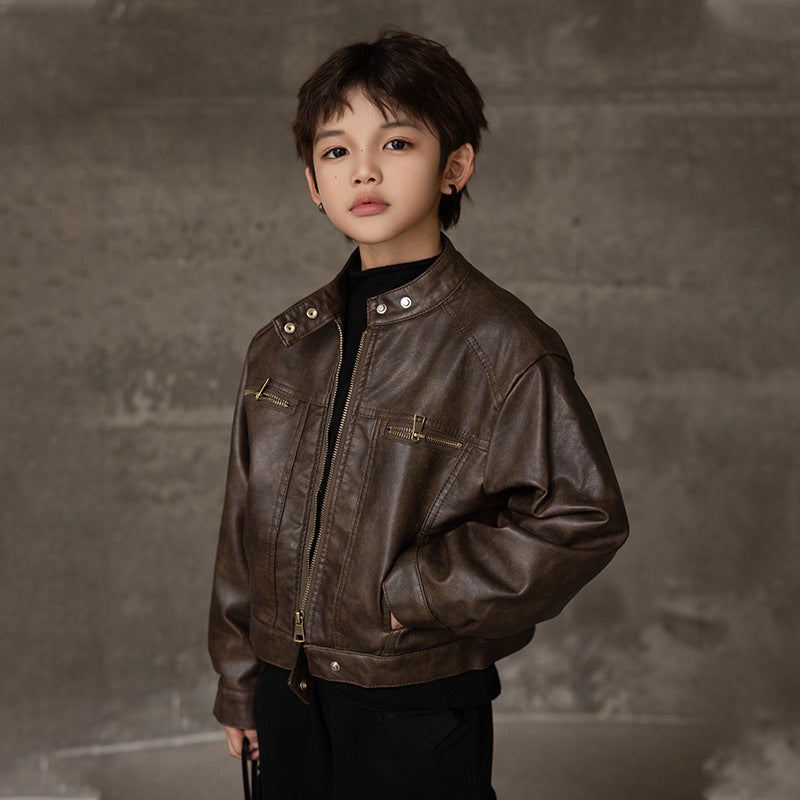 Children'S Clothing Boys' Leather Jacket Motorcycle Jacket Boys' Cool Kids' Autumn Leather Jacket Trendy - Image 2