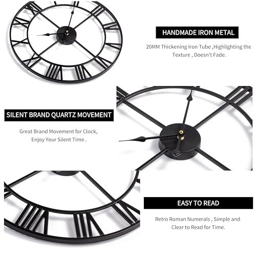 LEIKE 16" Large Wall Clocks Battery Operated, Round Modern Silent Non-Ticking Black Metal Wall Clock for Living Room Decor, Bedroom Kitchen (40cm Diameter, Black Roman Number) - Image 3