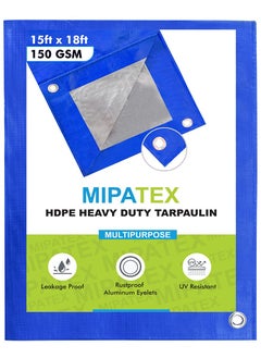 MIPATEX Mipatex Tarpaulin Sheet Waterproof Tirpal Heavy Duty 15ft x 18ft Poly Tadpatri with Aluminium Eyelets Every 3 feet Multipurpose 150 GSM Plastic Cover Tharpai for Truck Home Roof Rain BlueSilver  - Image 1