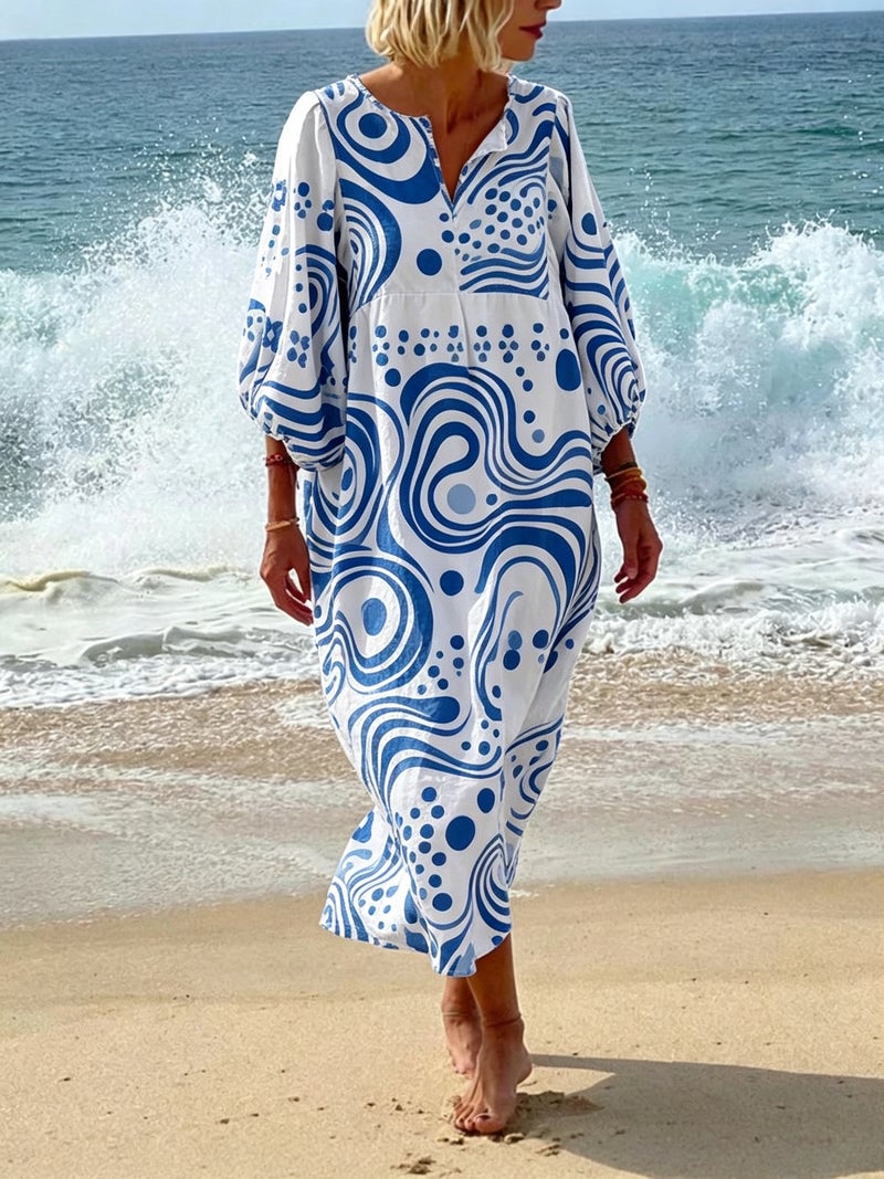 Vacation Dress, Beach Sun Protection Long Dress, European and American Style Round Neck Women's Loose-Fitting Clothing