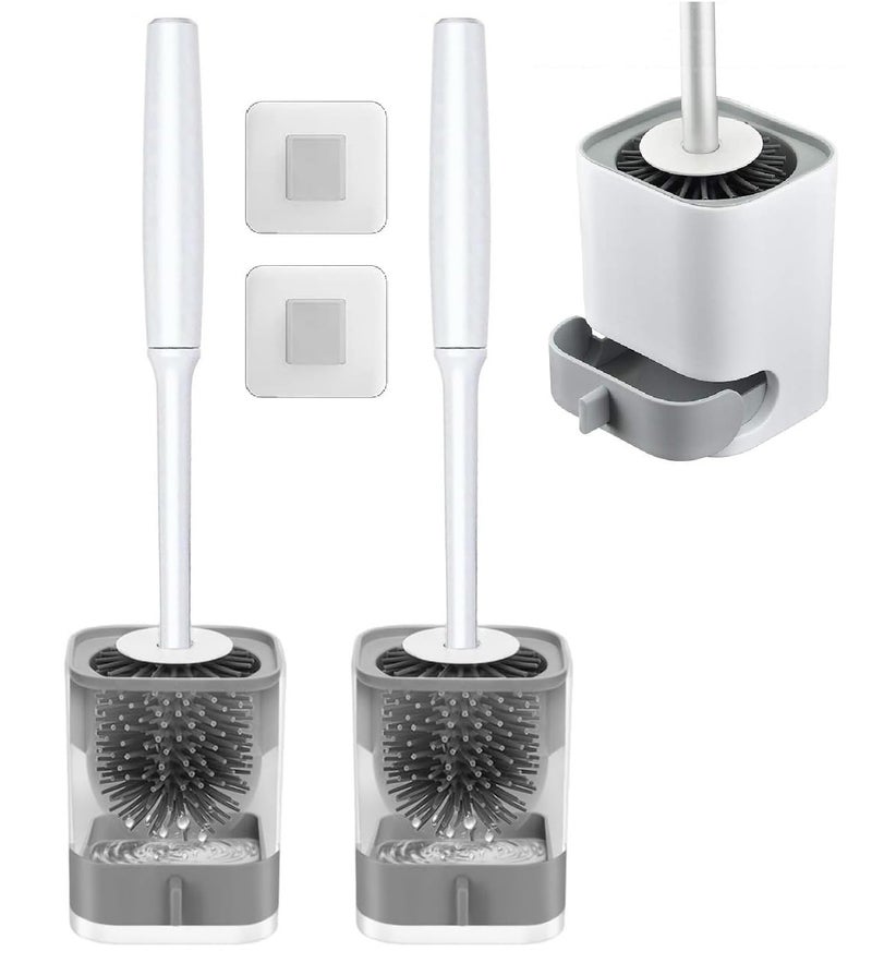Clyton Pack of 2 Silicone Toilet Brush with Holder Stand, Bathroom Toilets Bowl Cleaning Brush with Non-Slip Long Handle Floor Standing Holder & Wall Mounted Without Drilling Quick Drying Holder Set - Image 1