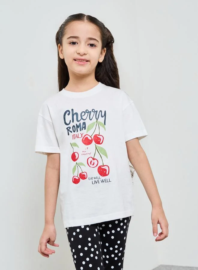 Styli Girls Cherry Print T-Shirt and Polka Dot Leggings Set