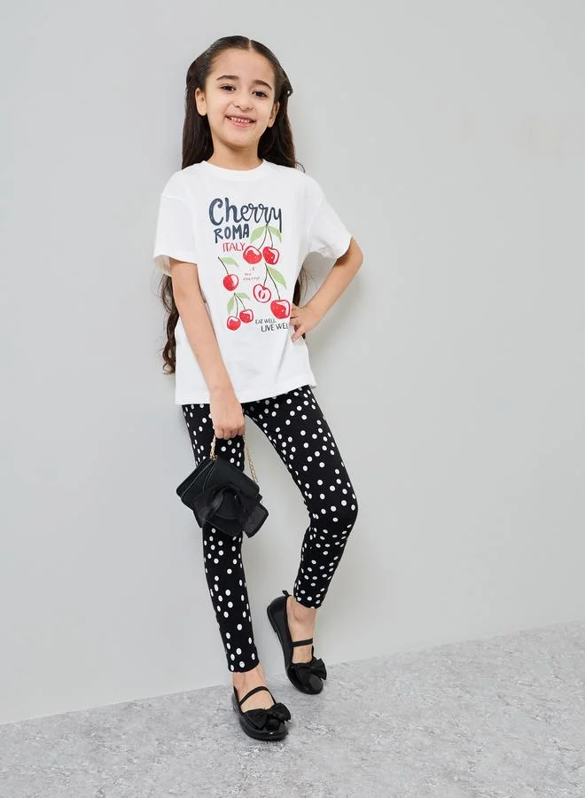 Styli Girls Cherry Print T-Shirt and Polka Dot Leggings Set