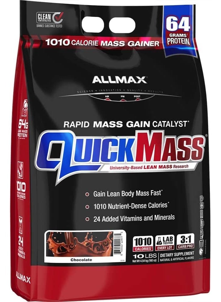 أولماكس نيوتريشن ALLMAX QUICKMASS، شوكولاتة - 10 رطل - محفز زيادة الكتلة السريعة - حتى 64 جرام من البروتين لكل حصة - نسبة الكربوهيدرات إلى البروتين 3:1 - صفر دهون متحولة - حتى 70 حصة - Image 1