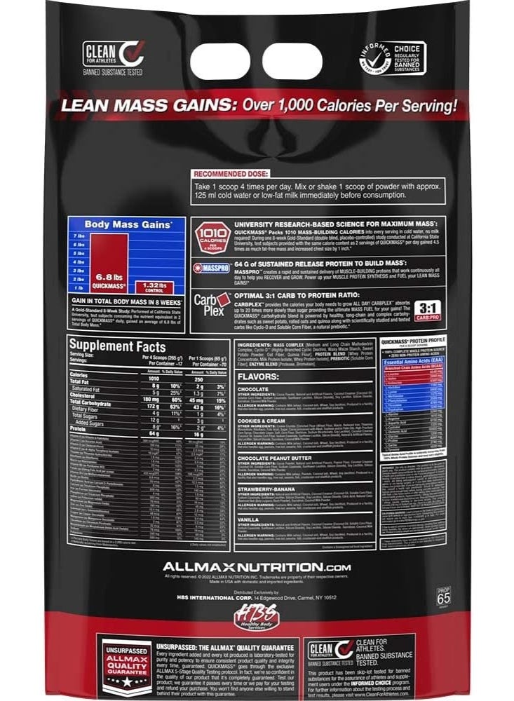 أولماكس نيوتريشن ALLMAX QUICKMASS، شوكولاتة - 10 رطل - محفز زيادة الكتلة السريعة - حتى 64 جرام من البروتين لكل حصة - نسبة الكربوهيدرات إلى البروتين 3:1 - صفر دهون متحولة - حتى 70 حصة - Image 2