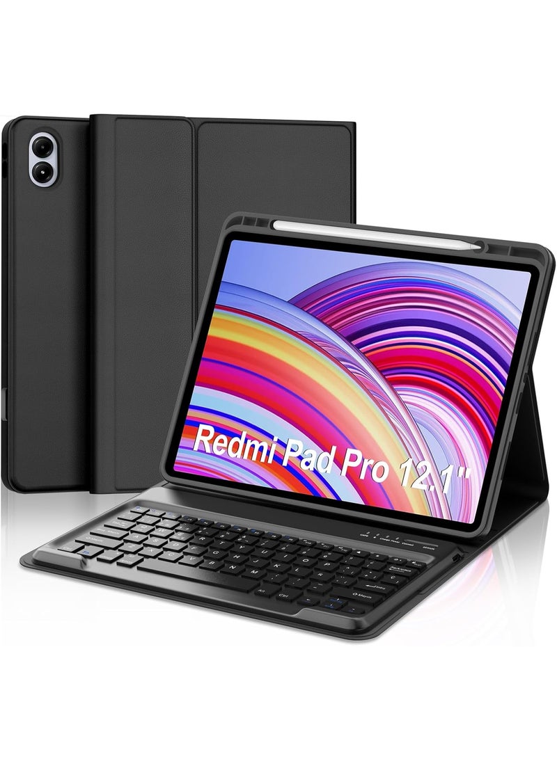 فكرة جراب Fekra مع كيبورد مخصص لساعة Redmi Pad Pro / Xiaomi Poco Pad مقاس 12.1 بوصة، مزود بغطاء حماية نحيف مع لوحة مفاتيح بلوتوث لاسلكية قابلة للفصل، باللون الأسود، يوفر حماية متكاملة ويحوّل التابلت إلى تجربة استخدام شبيهة باللابتوب مع سهولة في الكتابة والتنقل. - Image 1