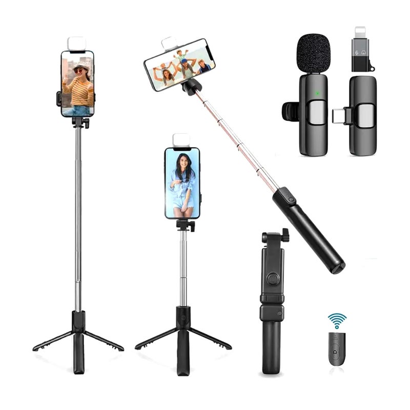 USTINE ® SnapX1s Vlogging Kit with Fill Light & Wireless Mic | 3-in-1 70cm Extendable Selfie Stick Tripod with Bluetooth Remote + K8 Mic for YouTube, Reels & Vlogs (Android/iPhone) - Image 1