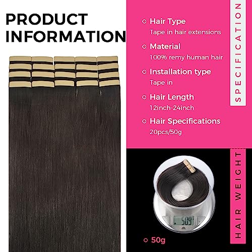 Lashey Hair Extensions Tape in Hair Extensions Straight 18 Inch Dark Brown Tape in Hair Extensions for Women 100 Remy Human Hair 50gpack 20pcs Hair Tape in Extensions - Image 3