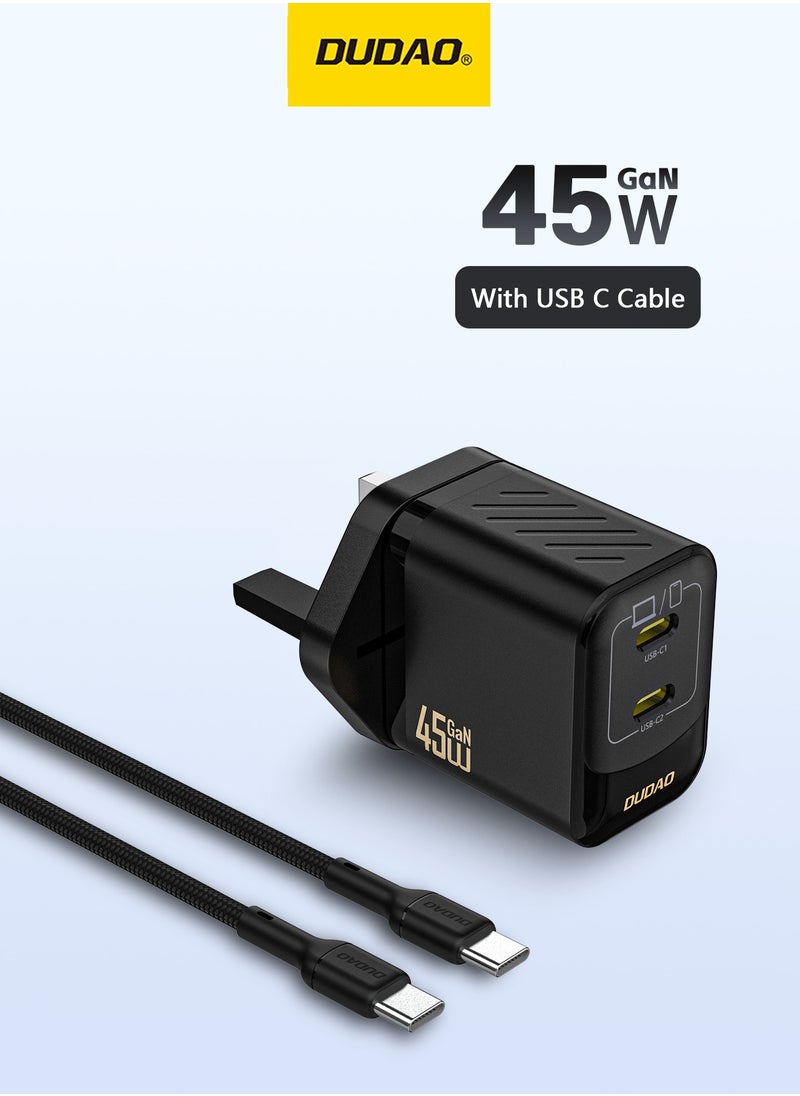 DUDAO 45W Samsung Charger GaN Dual USB-C Fast Charger with USB-C Cable, Compact Type-C Wall Charger, USB C Samsung Charger Laptop Charger, Power Adapter for iPhone, Samsung, Huawei, MacBook, iPad, Laptop – 9-Layer Safety Protection, Smart Temp Control  - Image 1