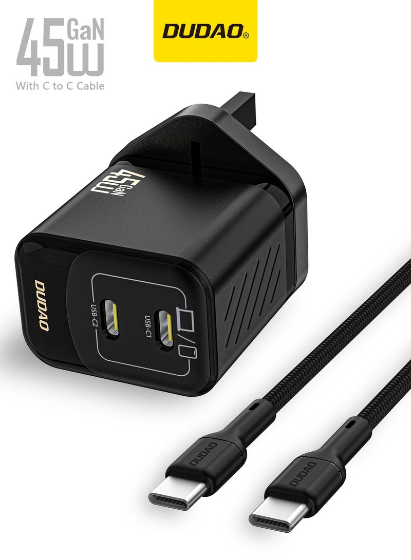 DUDAO 45W Samsung Charger GaN Dual USB-C Fast Charger with USB-C Cable, Compact Type-C Wall Charger, USB C Samsung Charger Laptop Charger, Power Adapter for iPhone, Samsung, Huawei, MacBook, iPad, Laptop – 9-Layer Safety Protection, Smart Temp Control - Image 1