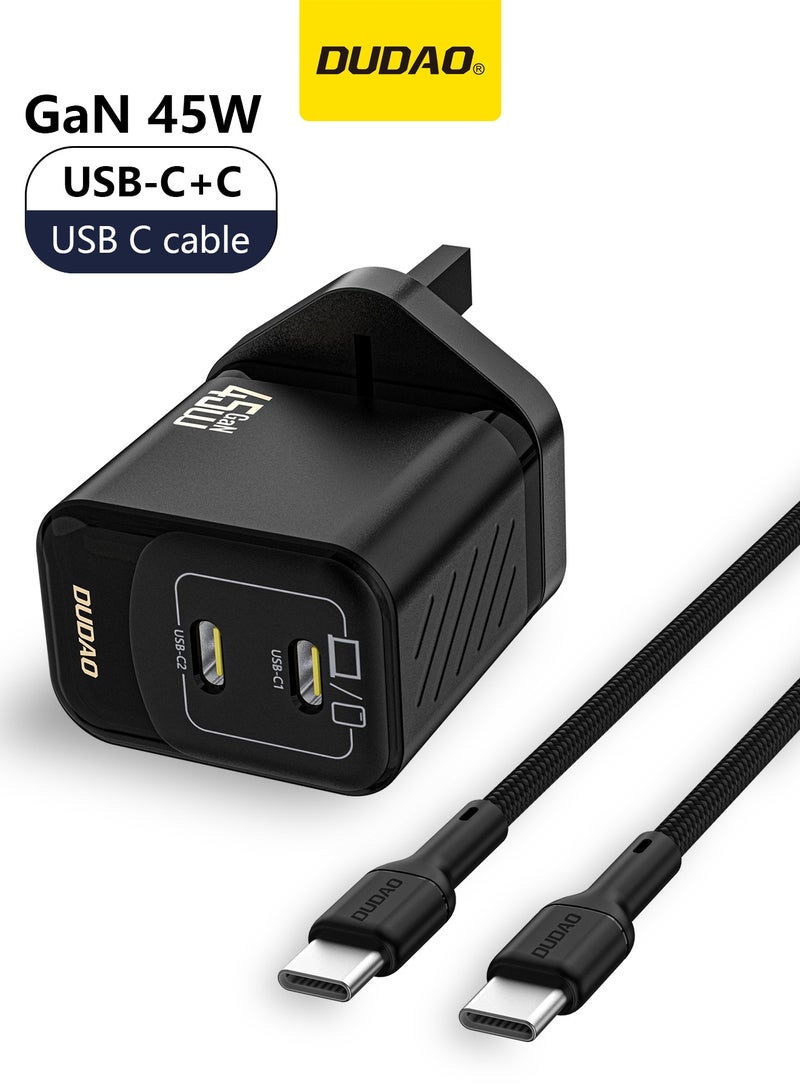 دوداو شاحن سريع 45 واط GaN بمنفذي USB-C مزدوجين مع كابل USB-C بقدرة 65 واط، شاحن جداري PD3.0 PPS صغير الحجم، شاحن تايب سي متوافق مع سامسونج Galaxy و iPhone 15 و Huawei، شاحن USB C سريع مع تحكم ذكي في درجة الحرارة - Image 1