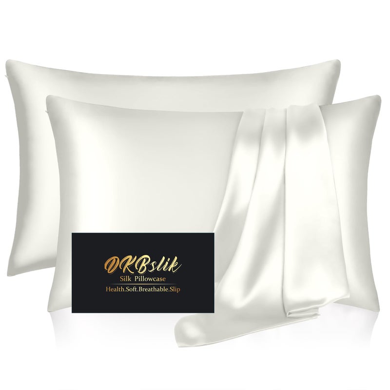 DKBslik Silk Pillowcase 2 Pack, Mulberry Silk Pillow Cases Queen Size Set of 2, Anti Acne Silk Pillowcase for Hair and Skin, Natural Silk Satin Pillowcases Gifts for Women Men 2 Pack with Zipper, Ivory - Image 1