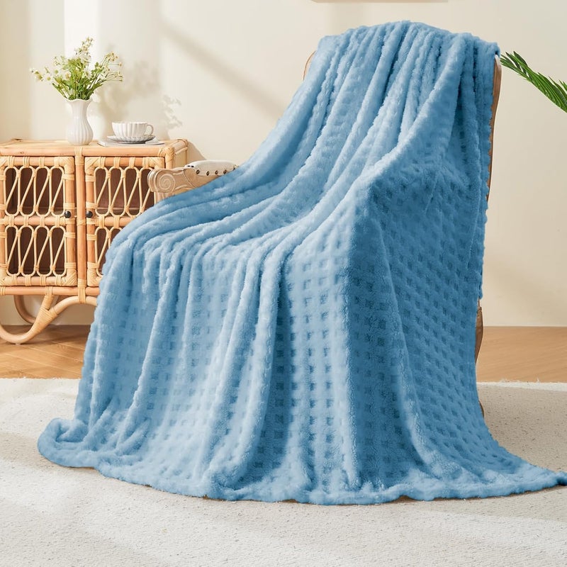 Wajade Fleece Throw Blanket, Fluffy Faux Fur Blanket for Bed Sofa Couch, Soft Warm Thick Blanket,waffle Light Blue-127X178 - Image 1