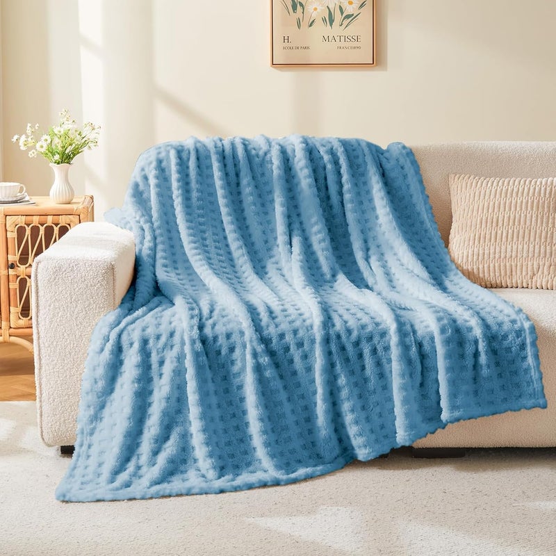 Wajade Fleece Throw Blanket, Fluffy Faux Fur Blanket for Bed Sofa Couch, Soft Warm Thick Blanket,waffle Light Blue-127X178 - Image 2