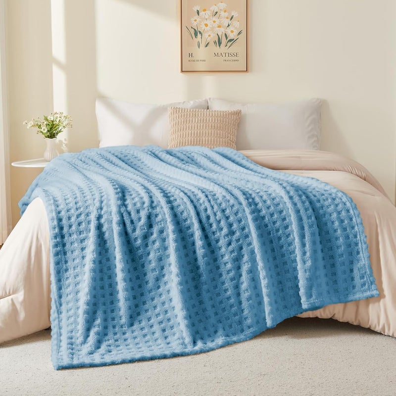 Wajade Fleece Throw Blanket, Fluffy Faux Fur Blanket for Bed Sofa Couch, Soft Warm Thick Blanket,waffle Light Blue-127X178 - Image 4