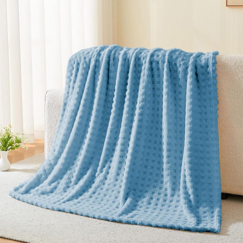 Wajade Fleece Throw Blanket, Fluffy Faux Fur Blanket for Bed Sofa Couch, Soft Warm Thick Blanket,waffle Light Blue-127X178 - Image 5