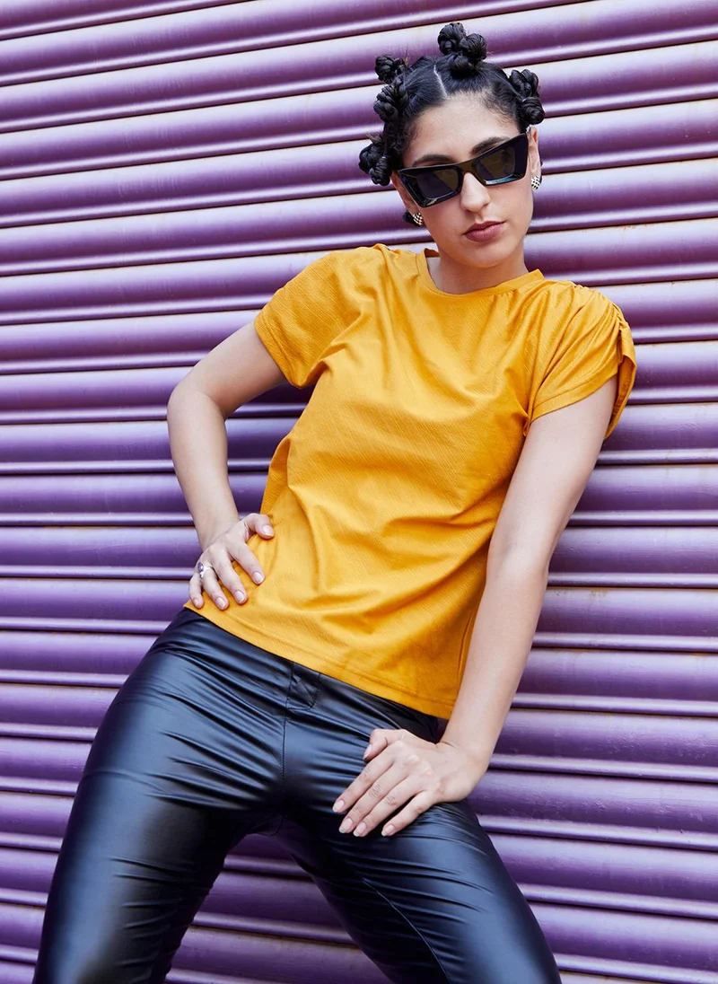 PINACOLADA Women's Mustard Yellow Ruche-Sleeved Top
