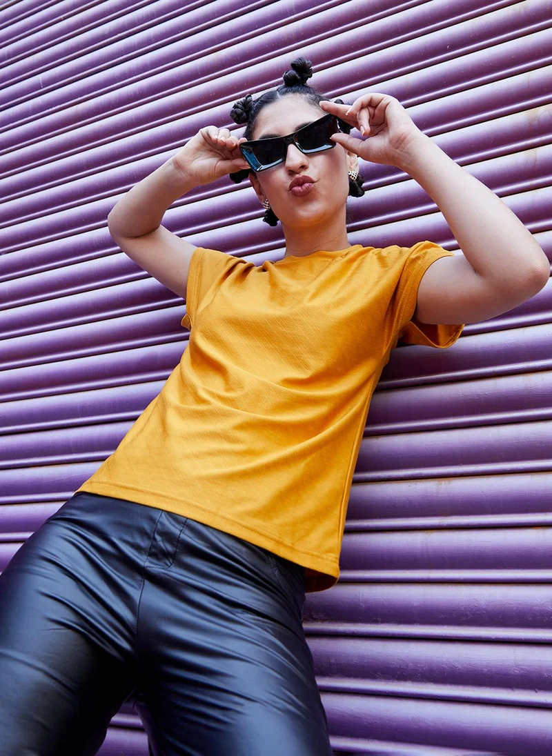 PINACOLADA Women's Mustard Yellow Ruche-Sleeved Top