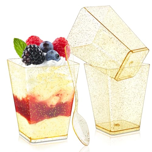 Qeirudu 5 oz Gold Glitter Mini Dessert Cups with Spoons - 50 Pack Plastic Parfait Cups Square Dessert Shooter Cups for Party Serving Pudding Cheesecake Mousse Jello - Image 1