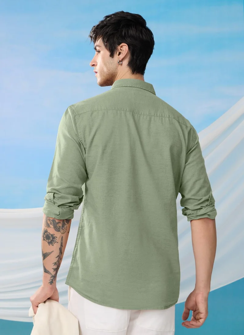 The Souled Store  The Souled Store Men Light Green Solid Regular/Classic Fit Cotton Linen Shirts for Men | Best Price UAE