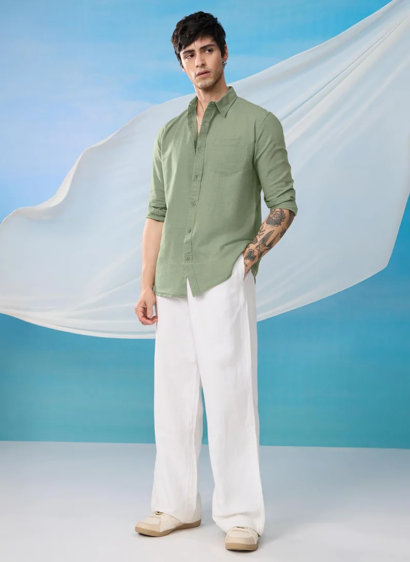 The Souled Store The Souled Store Men Light Green Solid Regular/Classic Fit Cotton Linen Shirts