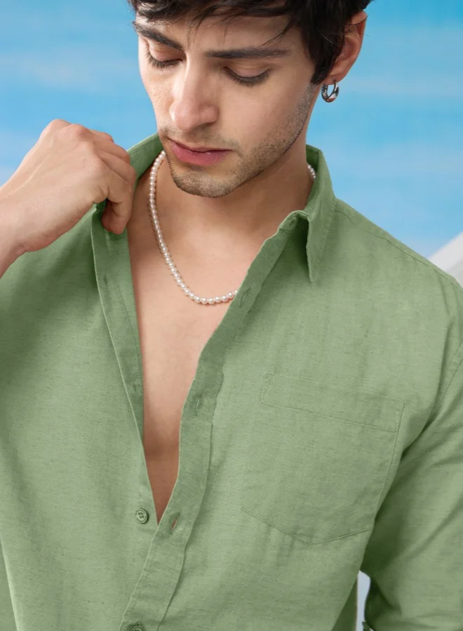 The Souled Store The Souled Store Men Light Green Solid Regular/Classic Fit Cotton Linen Shirts