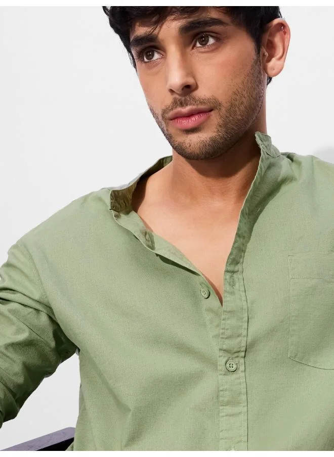The Souled Store Green The Souled Store Men Light Green Solid Regular Fit Cotton Linen Shirts for Men | Best Price UAE