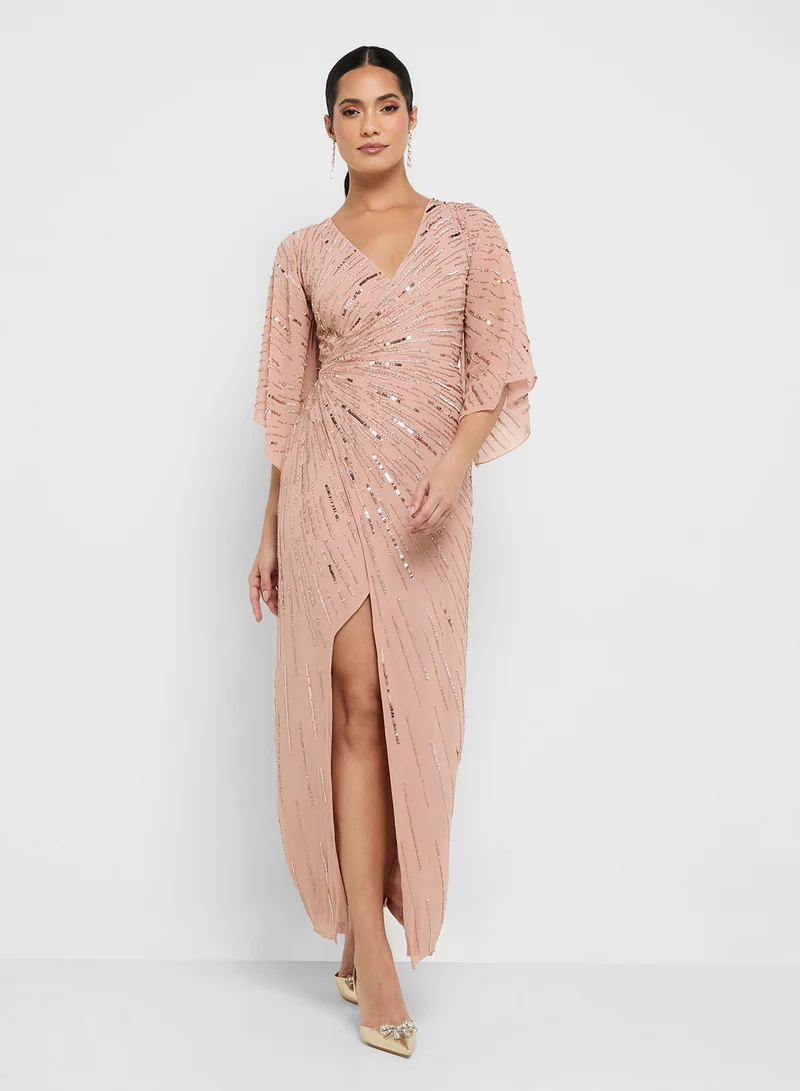 Amelia Rose Flared Sleeve Side Slit Embellished Maxi Dress