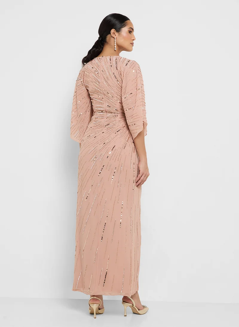 Amelia Rose Flared Sleeve Side Slit Embellished Maxi Dress
