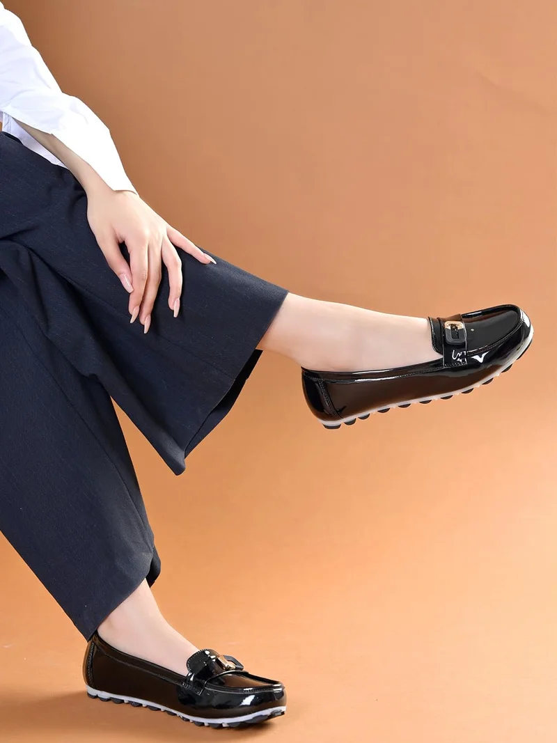 شوتوبيا Shoetopia Women’s Black Elegant Bow Loafers Flat Designer Pattern Slip-On Shoes with Buckle Accent & Comfort Sole EU-41