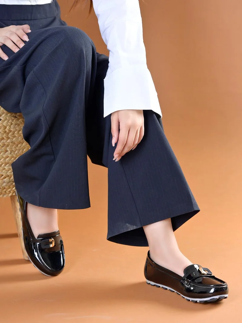 شوتوبيا Shoetopia Women’s Black Elegant Bow Loafers Flat Designer Pattern Slip-On Shoes with Buckle Accent & Comfort Sole EU-41