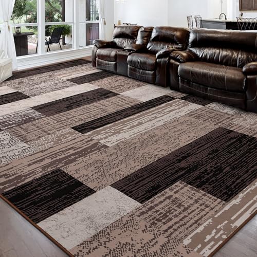 FlyDOIT Modern Geometric Patchwork Area Rug, 5x8 Chocolate Large Rugs for Living Room, Rockwood Collection Indoor Rugs for Bedroom, Throw Carpet Floor Decor for Entryway Dining Room Office Nursery - Image 1