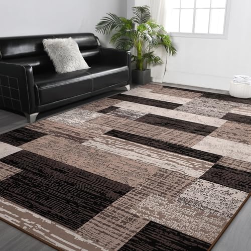 FlyDOIT Modern Geometric Patchwork Area Rug, 5x8 Chocolate Large Rugs for Living Room, Rockwood Collection Indoor Rugs for Bedroom, Throw Carpet Floor Decor for Entryway Dining Room Office Nursery - Image 2