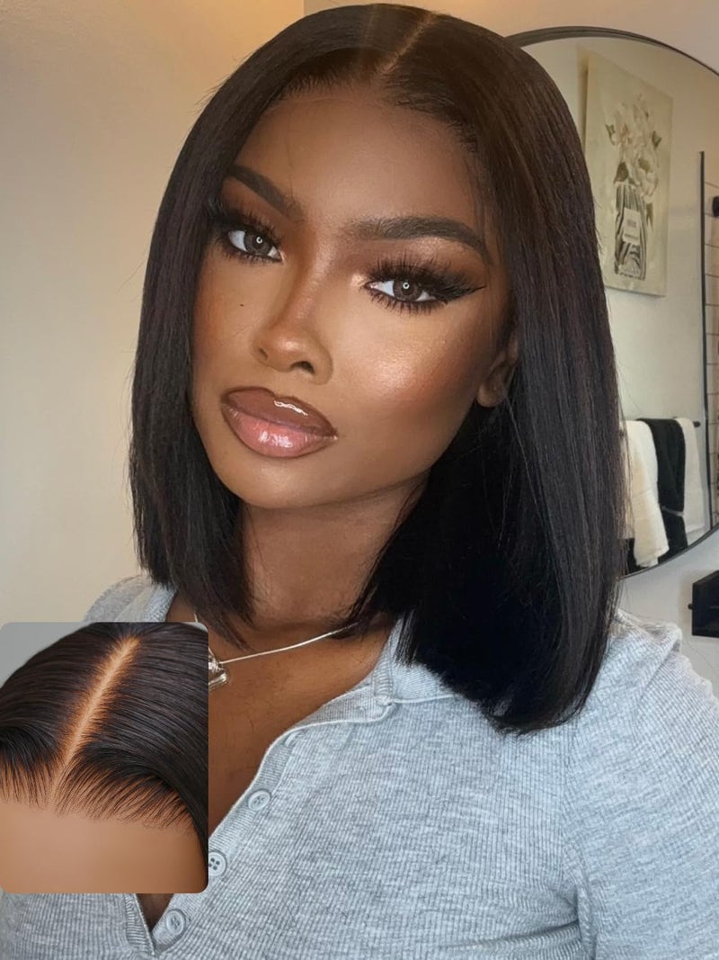 UNICE Yaki Straight Short Bob Wig Human Hair Pre Everything Glueless Wig with Ear Tab Tapes 13x4 Lace Front Wigs Human Hair Pre Plucked Hairline Bleached Knots 150 Density 10 inch - Image 2