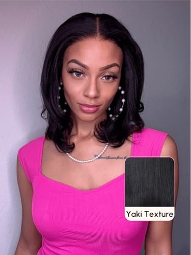 UNICE Yaki Straight Short Bob Wig Human Hair Pre Everything Glueless Wig with Ear Tab Tapes 13x4 Lace Front Wigs Human Hair Pre Plucked Hairline Bleached Knots 150 Density 10 inch - Image 3