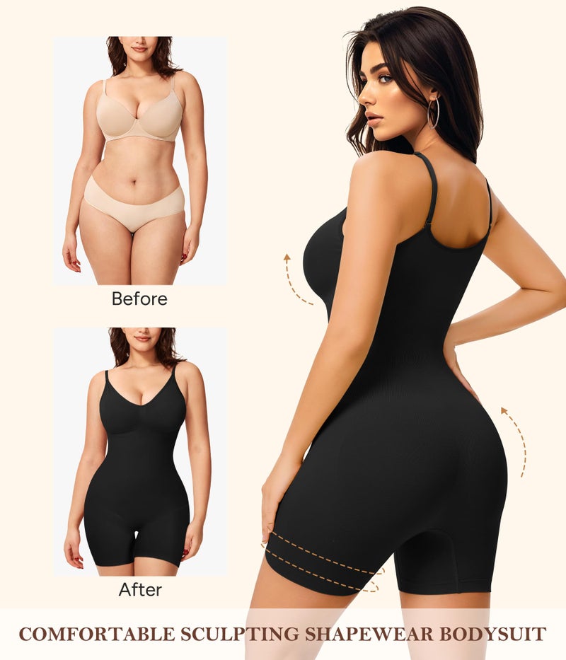 Irisnaya Women Slimming Bodysuits Shapewear Tops Tummy Control Body Shaper Spaghetti Strap Camisole Leotards Bodycon Jumpsuit (Black Mid Thigh, X-Small/Small) - Image 4