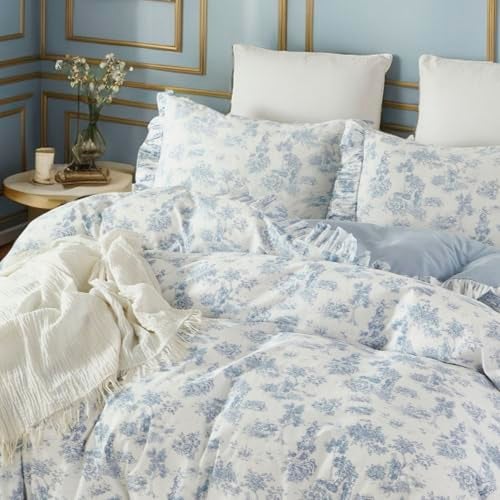 Brandream French Country Toile Duvet Cover Set Full Size for Girls Bedroom Vintage Blue Toile Floral Print 100% Cotton Delicate Ruffle Fringe Soft and Breathable, 3 Pieces Bedding with Zipper Closure - Image 2