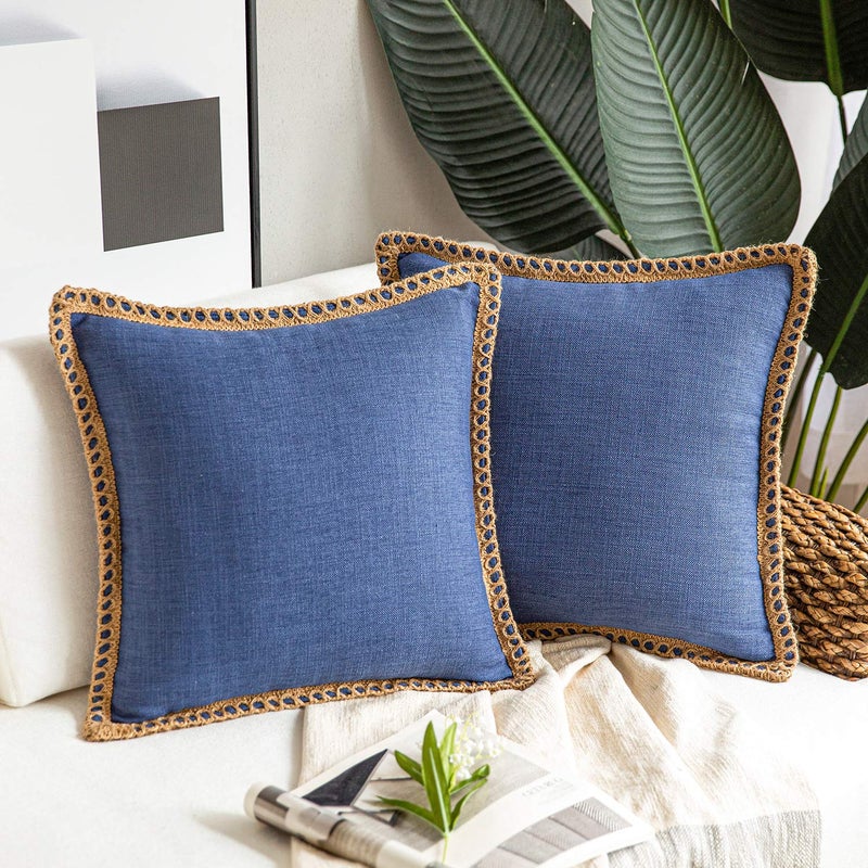 Phantoscope Pack of 2 Farmhouse Decorative Throw Decorative Pillow Cover Burlap Linen Trimmed Tailored Edges Navy Blue, Plain, 20 x 20 inches, 50 x 50 cm - Image 1