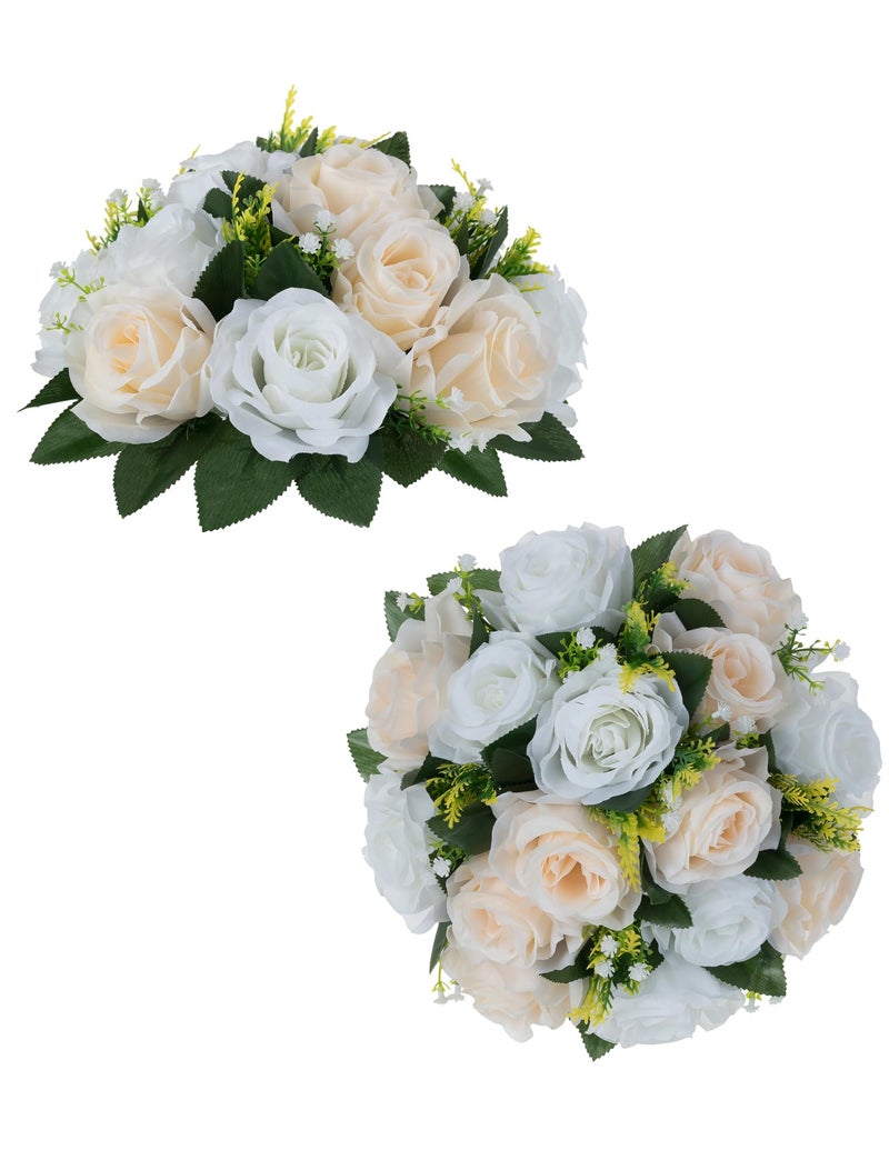 Flower Balls Wedding Rose Centerpieces 2 Pcs Fake Flowers with Base Kissing Balls Decor Champagne White Artificial Floral Arrangements Flower Bouquet of Roses Home Party Table DIY Decorationss