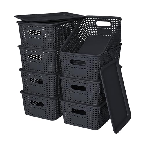 Ohmlove Plastic Storage Baskets with Lid-Plastic Storage Containers Stackable Storage bins: Storage Baskets for Organizing Shelves Drawers Desktop Closet Playroom Classroom Office, 8Pack-Black10.2x7.2x4.1Inch - Image 1